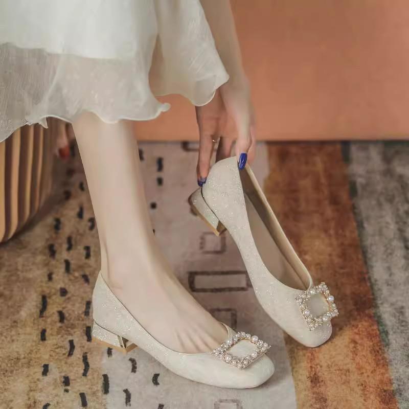 Spring and Autumn Thick Heel Single Shoes Women's New Princess Style with Skirt Cheongsam Engagement Shoes Bride Bridesmaid Shoes