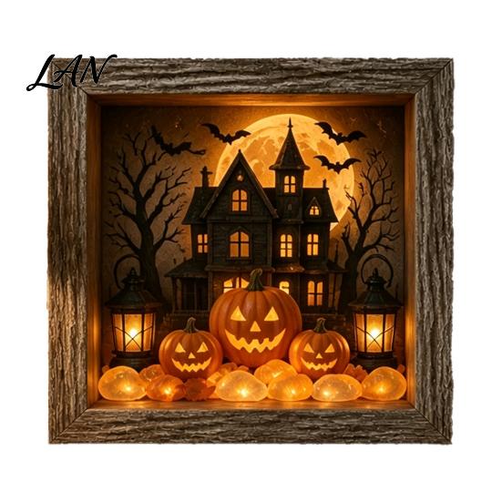 Small Halloween Figures Lighted Frame Ornaments, Light Up Shadow Box, Warm Festive Party Supplies Atmosphere LED Lights for Home Living Room