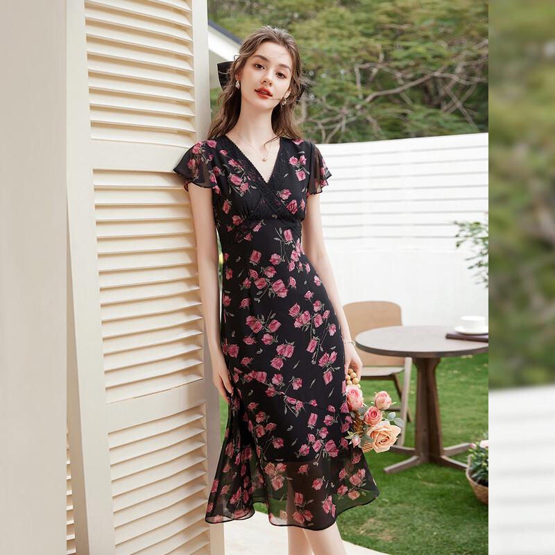Elegant V-Neck Floral Print Maxi Dress M