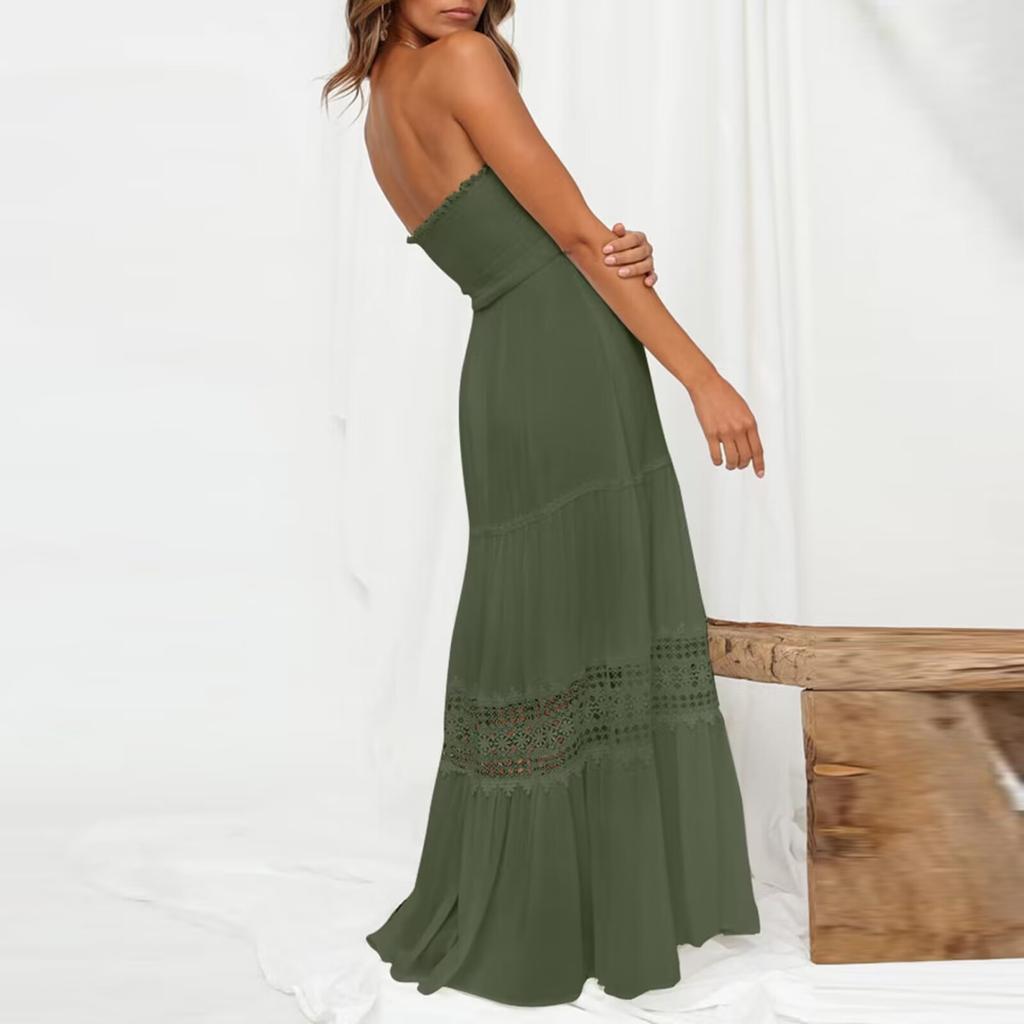IHUASU Dames Lange Mouwloze Vintage Boho Getailleerde Jurk in Effen Kleur met Strapless Gestikte Zoom