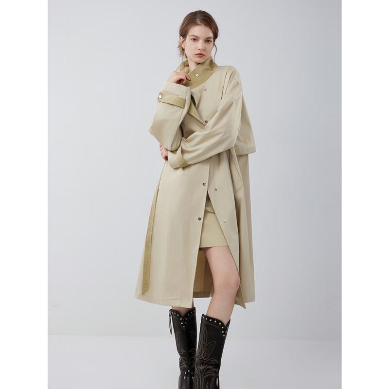 ELLE Women's Patchwork Corduroy Stand-Collar Trench Coat
