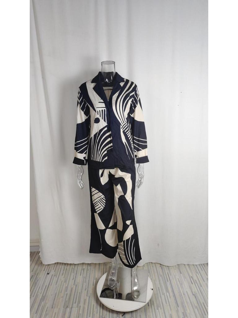 European & American Women's Graffiti Lapel Shirt and Long Sleeve Fashion Two-Piece Set