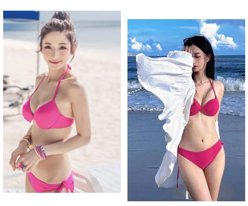 Rose Red Three-Piece Swimsuit Bikini with Underwire for Small Chest