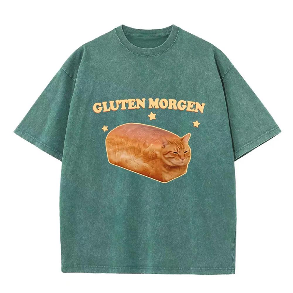 2026 Funny Bread Cat Gluten Morgen Graphic T Shirt Men Women Vintage Washed Black Unisex Casual Tee