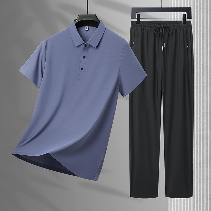Men's Suit Summer Two-piece Suit for Men, Complete Set of Ice Silk Seamless Sportswear Suit for Men