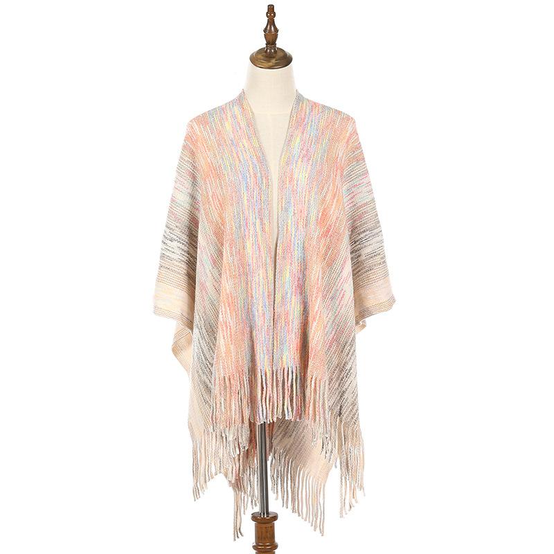 Women Gradient Space‑Dye Tassel Poncho Cape, Polyester Knit Open Front Shawl Wrap, Casual Soft Oversized Shoulder Cover Outerwear