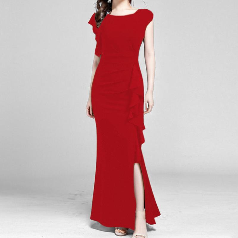 Primavera Nuovo Stile Elegante Sexy e Alla Moda Tinta Unita Girocollo Volant Abito da Donna 2XL rosso