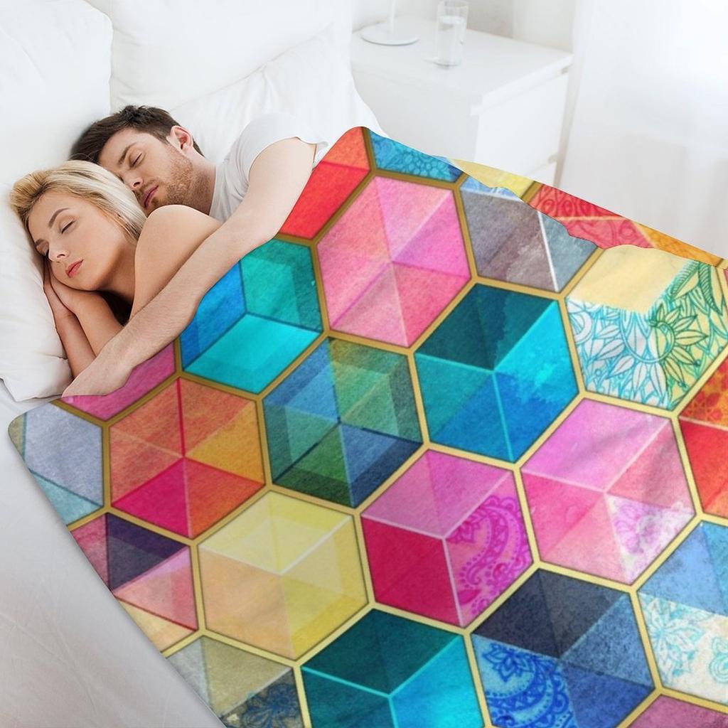 Crystal Bohemian Honeycomb Cubes - Colorful Hexagon Pattern Throw Blanket Loose Cute Bed Fashionable Plush Blankets