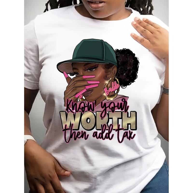 European sizes Women s Breathable Knit Fabric Casual T-Shirt with Cartoon Portrait & Know Your Worth  Letter Print, Crew Neck, Short Sleeve, Loose Fit S белый