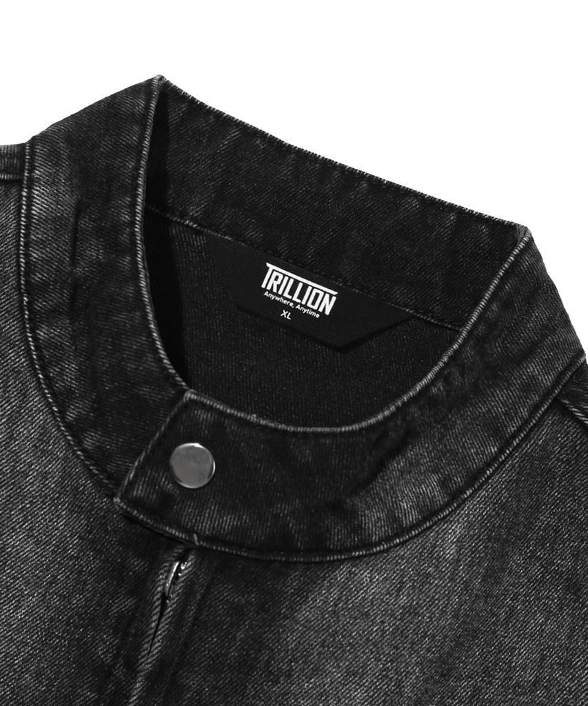 Trillion Fade Wash Biker Denim Jacket (Black)