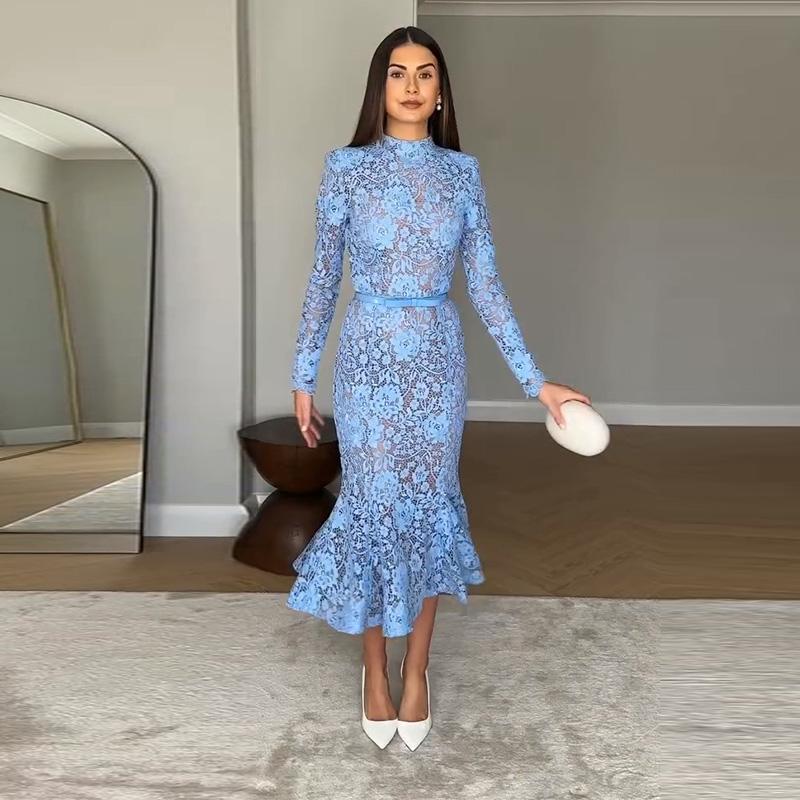 Ladies' Perspective Lace Hollow Belt Long Sleeve Fishtail Dress Solid Color Lace Decorative Elegance Ladies' Long Sleeve Dress Spring Autumn New Style