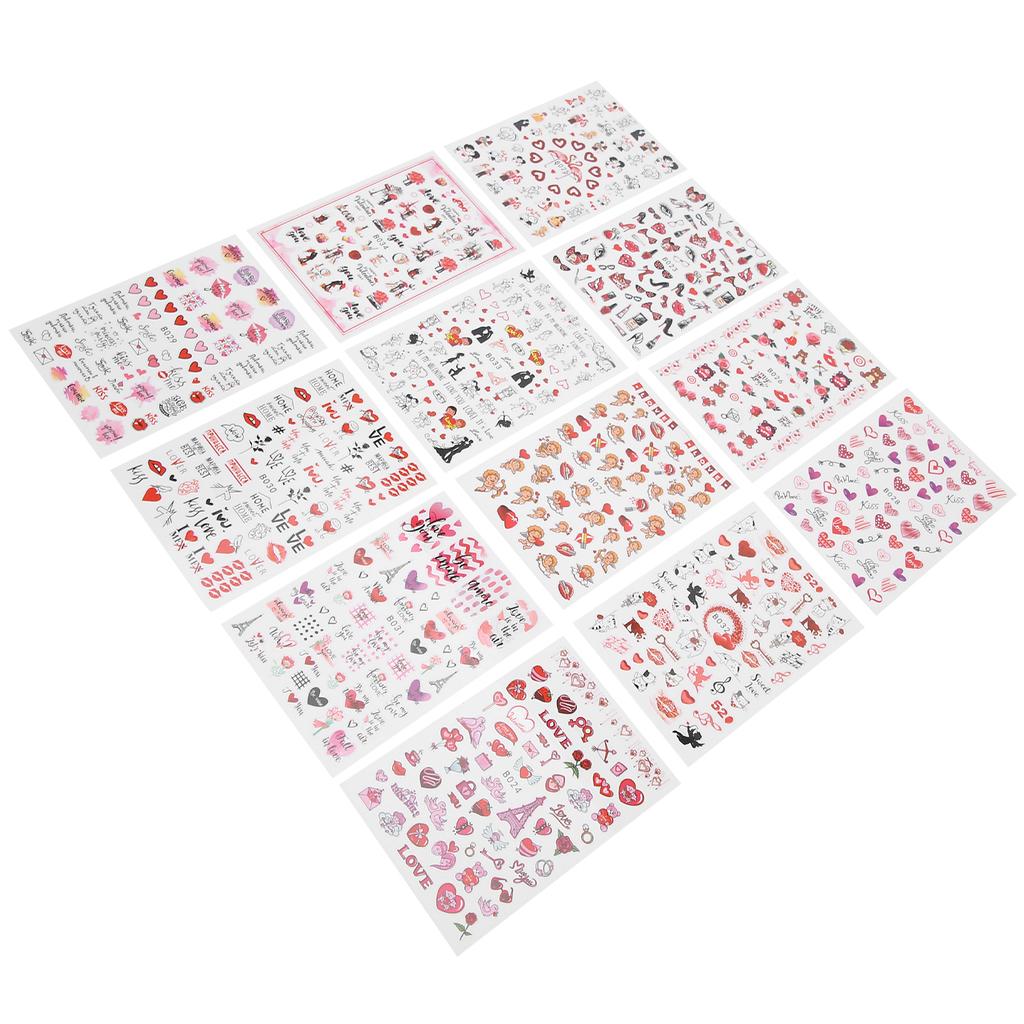 12 Sheets Valentine's Day Nail Art Stickers Red Lips Heart Shape Nail Decal Decoration