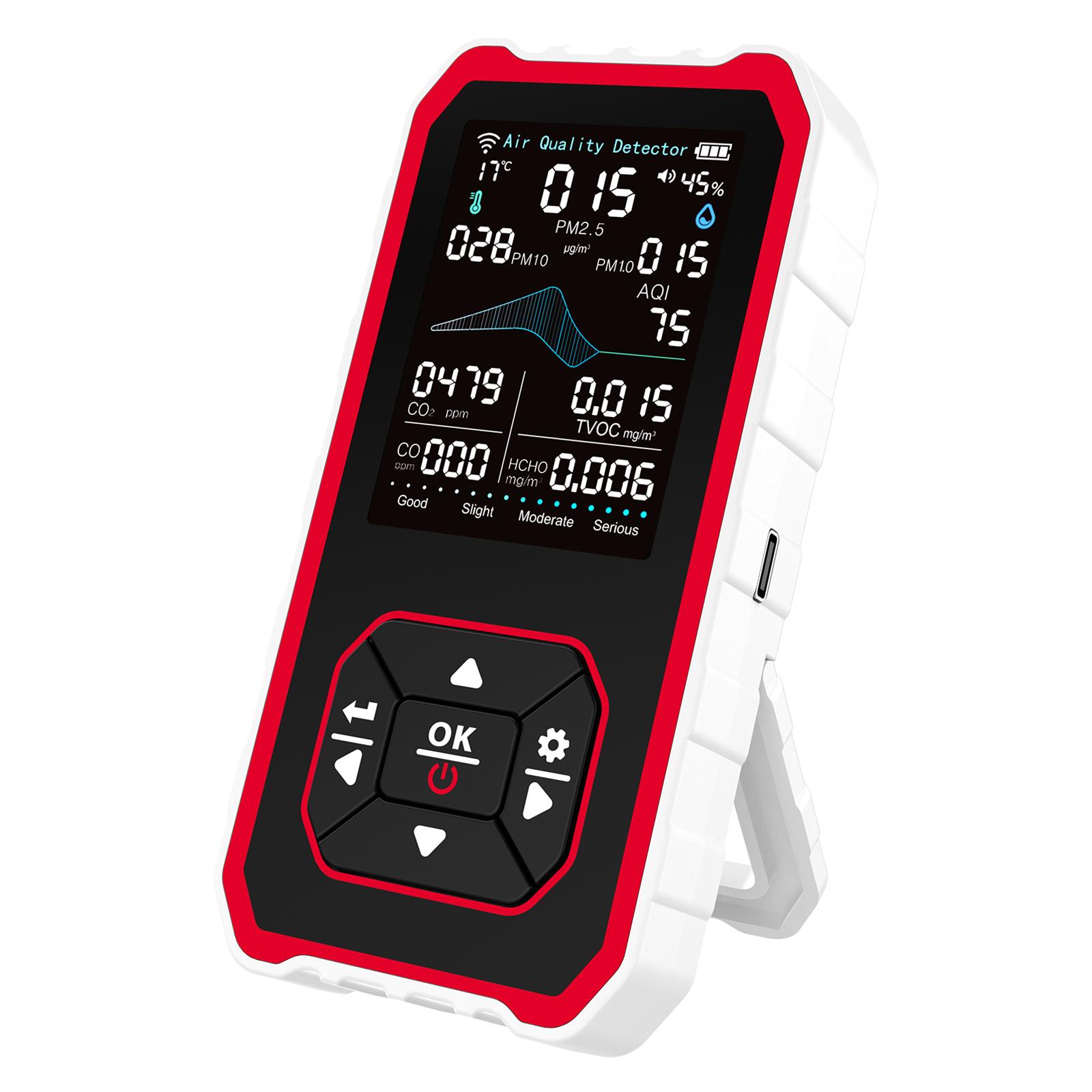 

Air Quality Tester for CO2 TVOC PM2.5 PM1.0 PM10 HCHO with Alert Indoor Pollution Detector 15H Runtime for Home Cars Plants Pets білий