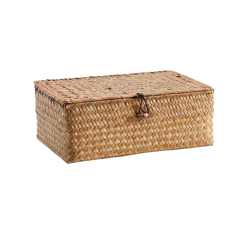 Seaweed Storage Basket with Lid Handmade Woven Storage Finishing Box Closet Organizer Sundry Bath Cosmetic Towel Container