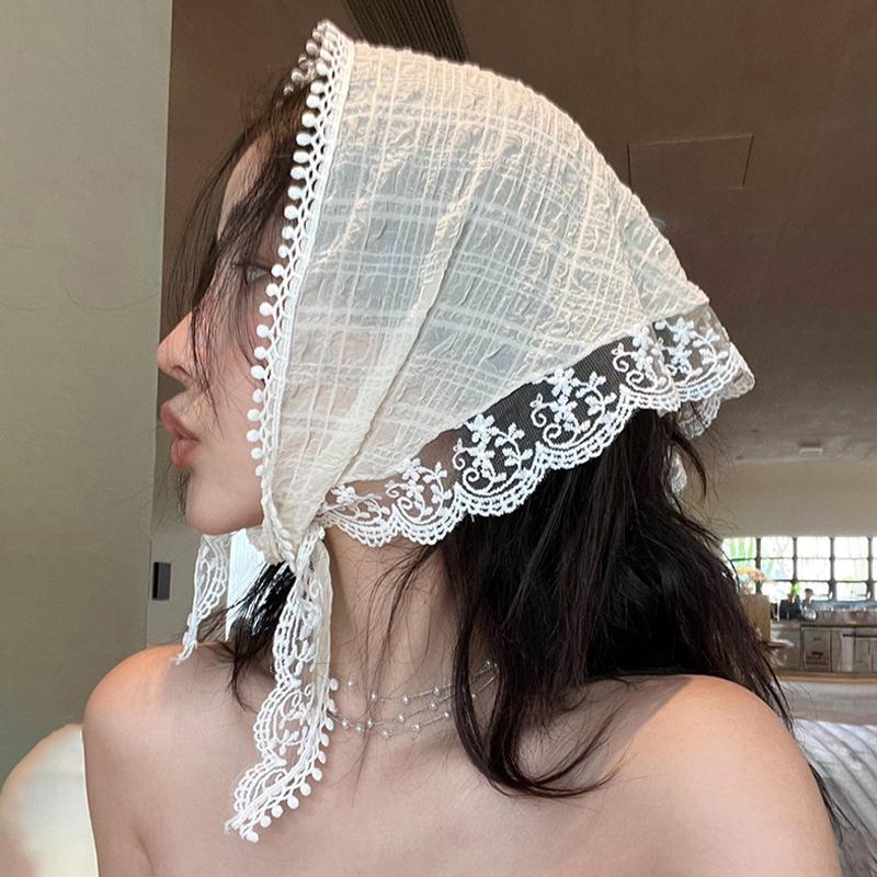 

Кружевной треугольный шарф, женский летний милый повязка на голову, универсальный головной убор бежевый