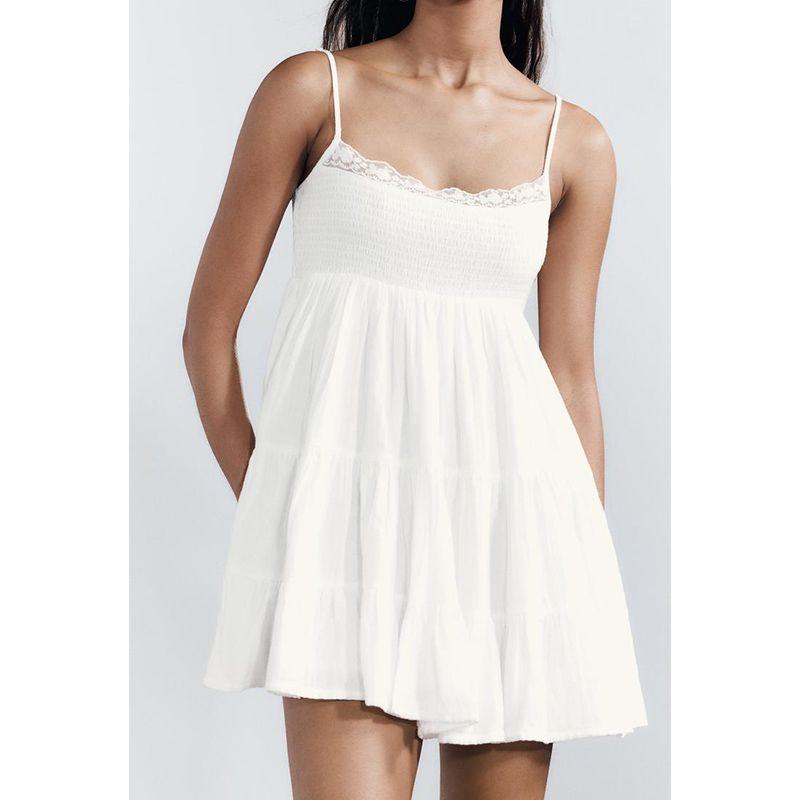 Summer New Product Women's Clothes Minimalist Straight Collar Sleeveless Patchwork Lace Decorative Tulle Short Dress 0881319