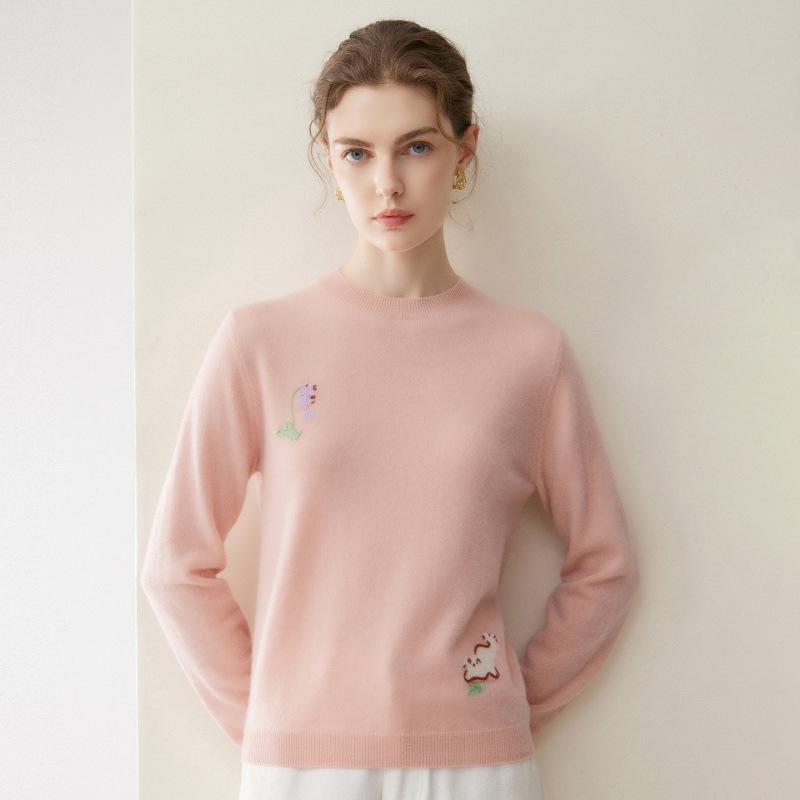 Women's 100% Pure Cashmere Sweater - Autumn/Winter, Versatile Round Neck, Loose Fit, Pink Knit