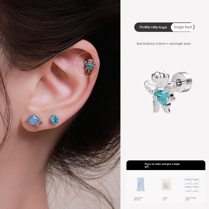 

Medical Titanium Steel Angel Stud Earrings Ear-Caring Removal-Free before Sleep Anti-Allergy Female Niche Design Ear Bone Stud [Single Pack] Chubi Angel 0.8 Thick Rod 6mm Long