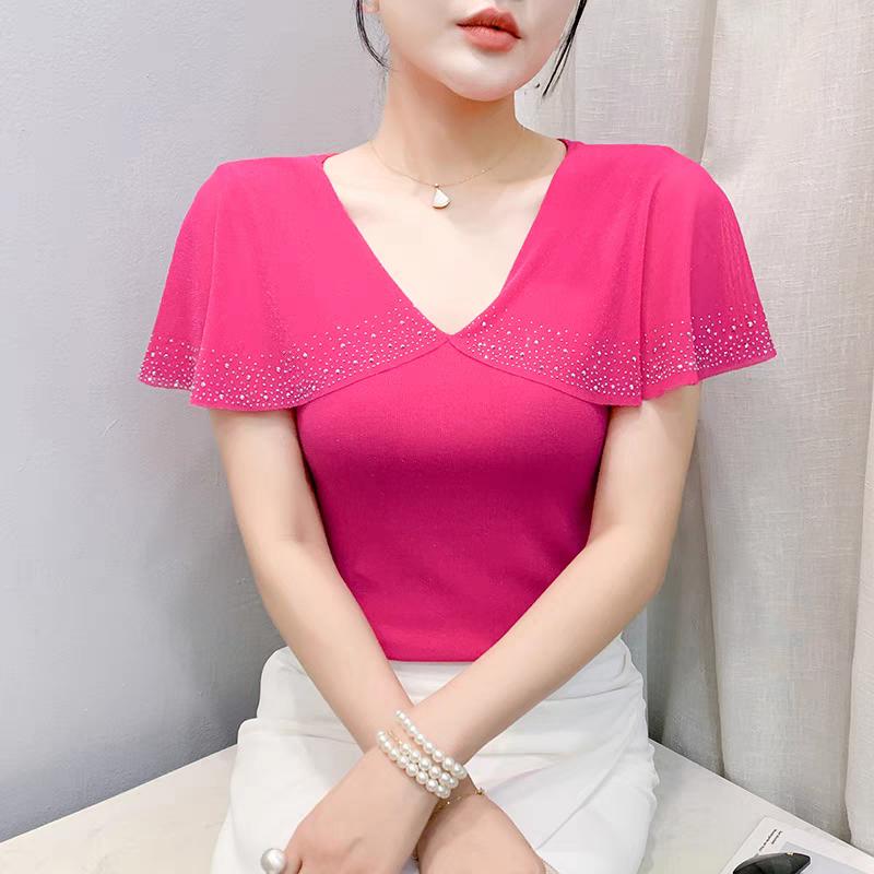 New European Women's T-Shirt Clothes Sexy V-Neck Chic Ruffles Hot Diamonds Tops Shirts Summer Short Sleeve Slim Mesh Tees