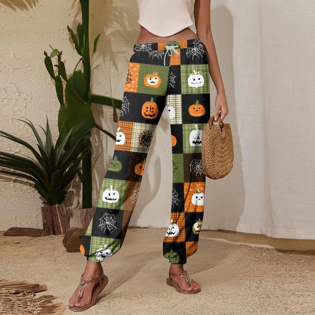 Women's Halloween Print Joggers with Drawstring Elastic Waistband and Cuffed Hem for Casual Everyday