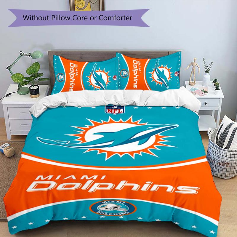 3pcs Miami Dolphins logo pattern bedding set duvet cover set includes duvet cover &pillowcases, perfect all season bedroom decoration & gift