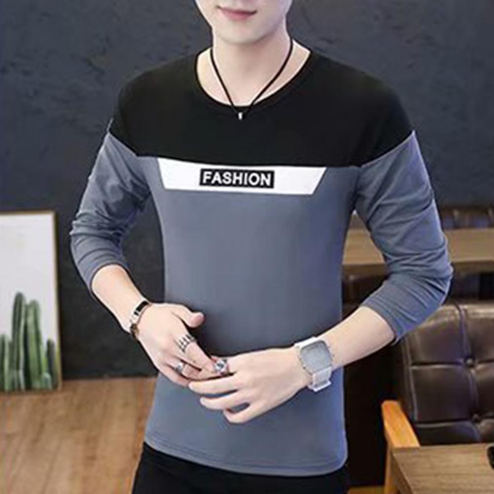 Fall Spring Men Top Patchwork Color Matching Letter Pattern Round Neck Long Sleeves Pullover Daily Wear Casual T-shirt