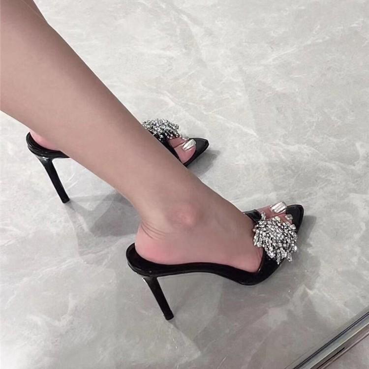 Pointed Rhinestone High Heels for Women's 2025 Summer New Black High-end Thin Heels Are Beautiful, and They Wear One-word Cool Slippers.
