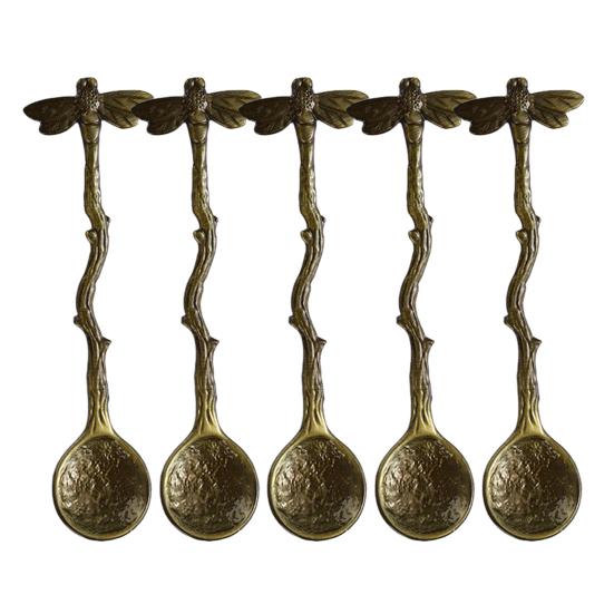 5Pcs Coffee Spoon Vintage Hammered Spoon with Dragonfly Handle Ice Cream And Dessert Spoon for Coffee Honey Jam Artistic Home Tableware