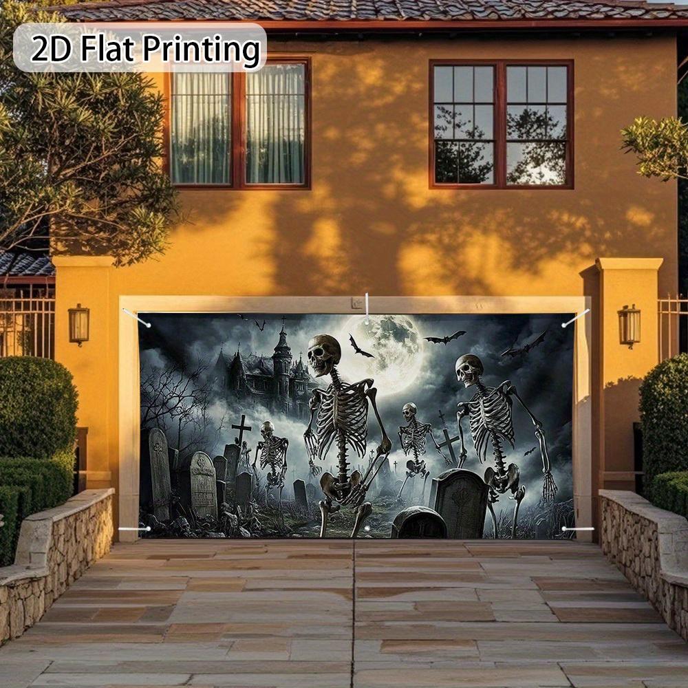One Halloween garage door decoration - Skull haunted house and Bat cemetery scenezyc