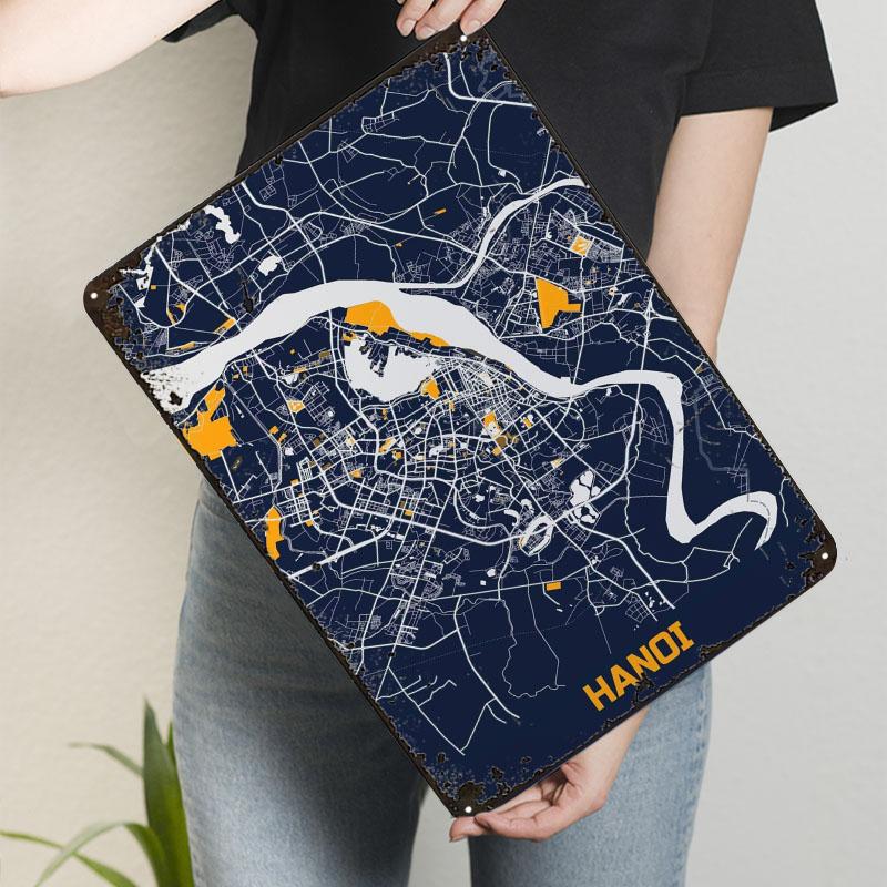 Explore Hanoi Metal Signs Map Poster Gaming Room Decoration Custom Tinplate Sign for Wall Art Decoration Bath Room Decor Men