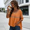 Women Tops Round Neck Half Sleeve Loose Fit Tee Shirt Pure Color Hollow Design Soft Stretchy Blouse Daily Wear