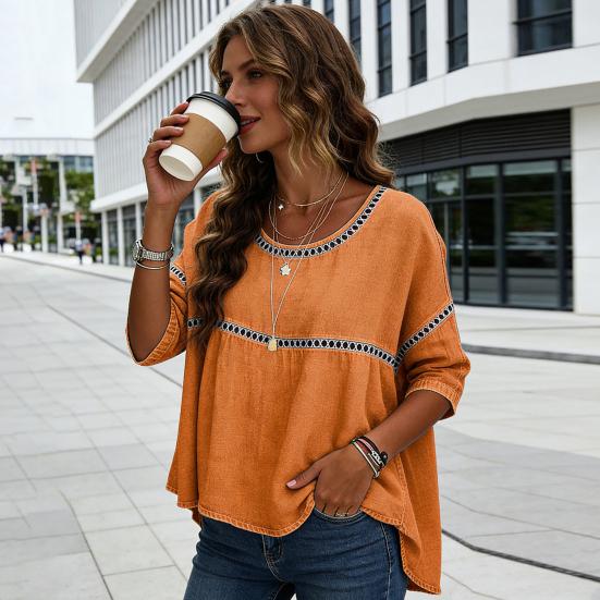 Women Tops Round Neck Half Sleeve Loose Fit Tee Shirt Pure Color Hollow Design Soft Stretchy Blouse Daily Wear