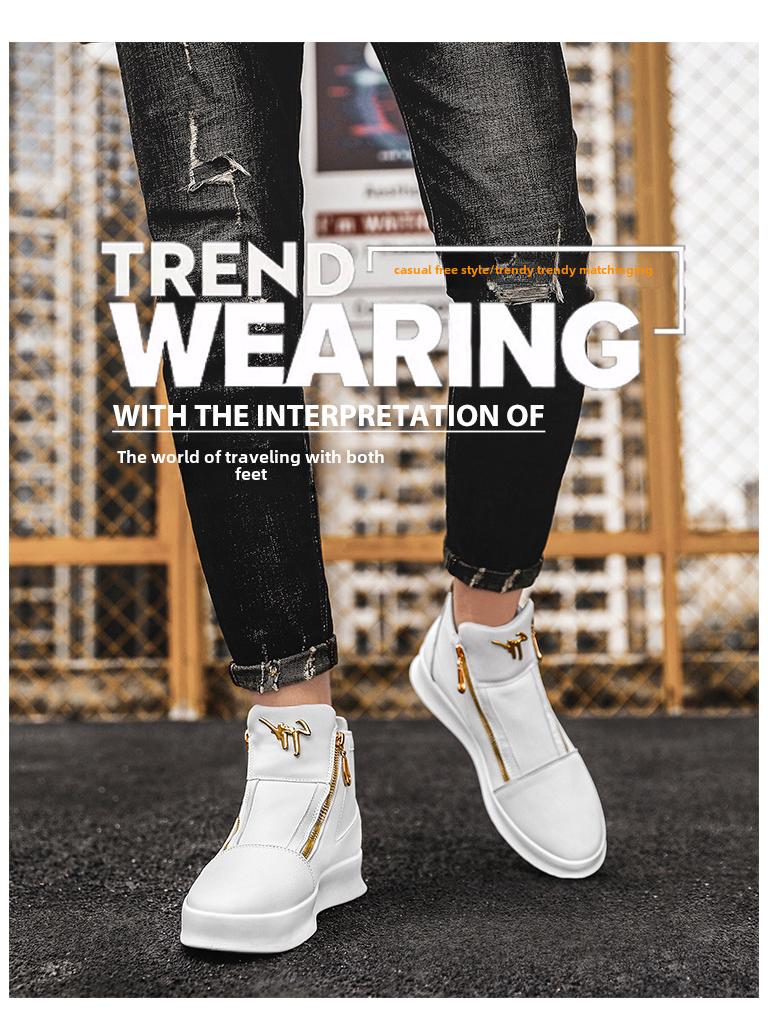 2024 Men's Summer Leather High-Top Sneakers: Breathable, Thick-Soled White Casual Shoes