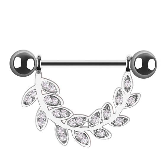 1Pc Women Rhinestone Inlaid Leaf Barbell Nipple Ring Body Piercing Jewelry Gift