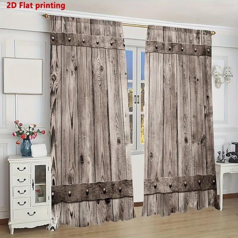 2pcs- Classic Barn Door Pattern Printed Curtains, Window Decorations, Home Decorations, Room Decorations