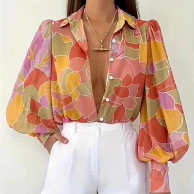 Damen lässige bedruckte Bluse mit Puffärmeln, Mischung aus Polyester und Elastan Reverskragen - Frühlings-/Herbst-Modetop, Freizeitbluse Lebhaft bedrucktes Oberteil