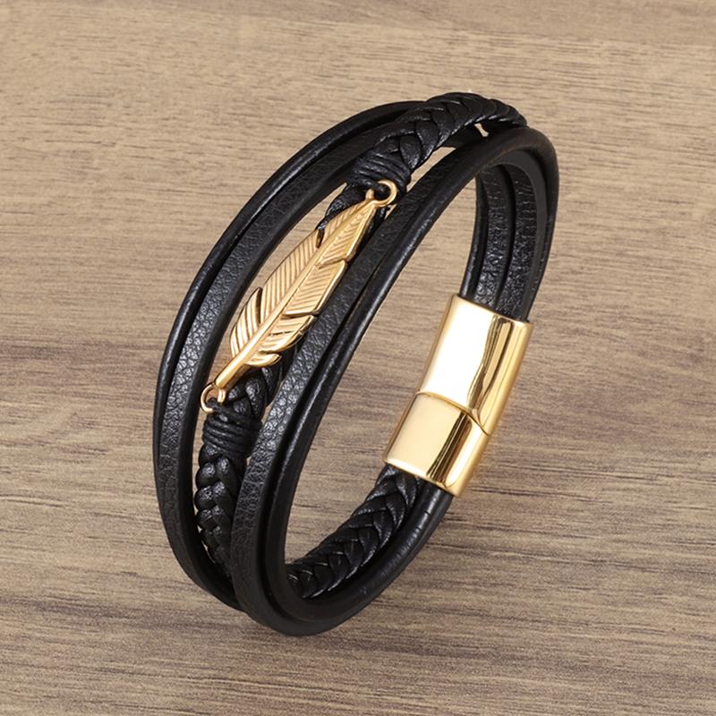 Double Layer Punk Brown Braided Leather Bracelet for Men with Metal Magnetic Clasp Stylish Business Bracelet Jewelry Gift