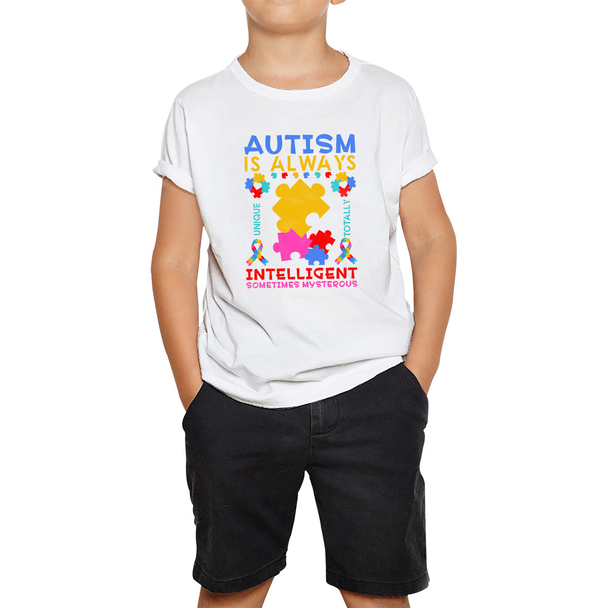 

Autism Is Always Unique Totally Intelligent Something Mysterious Autism Awareness Puzzle Kids T Shirt 140