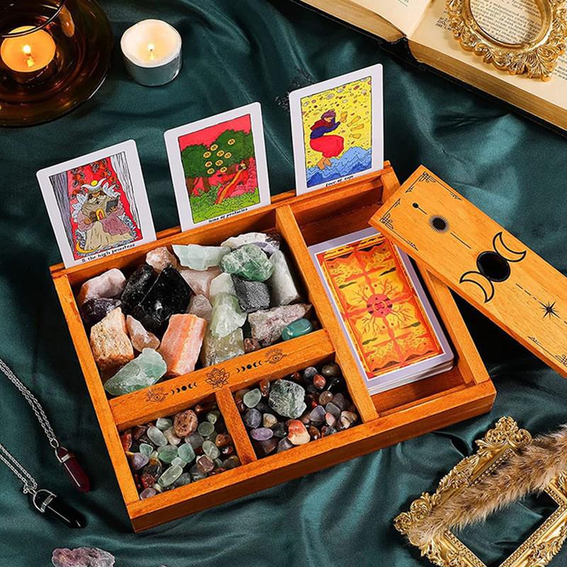 Wooden Tarot Card & Crystal Display Stand with Storage Box