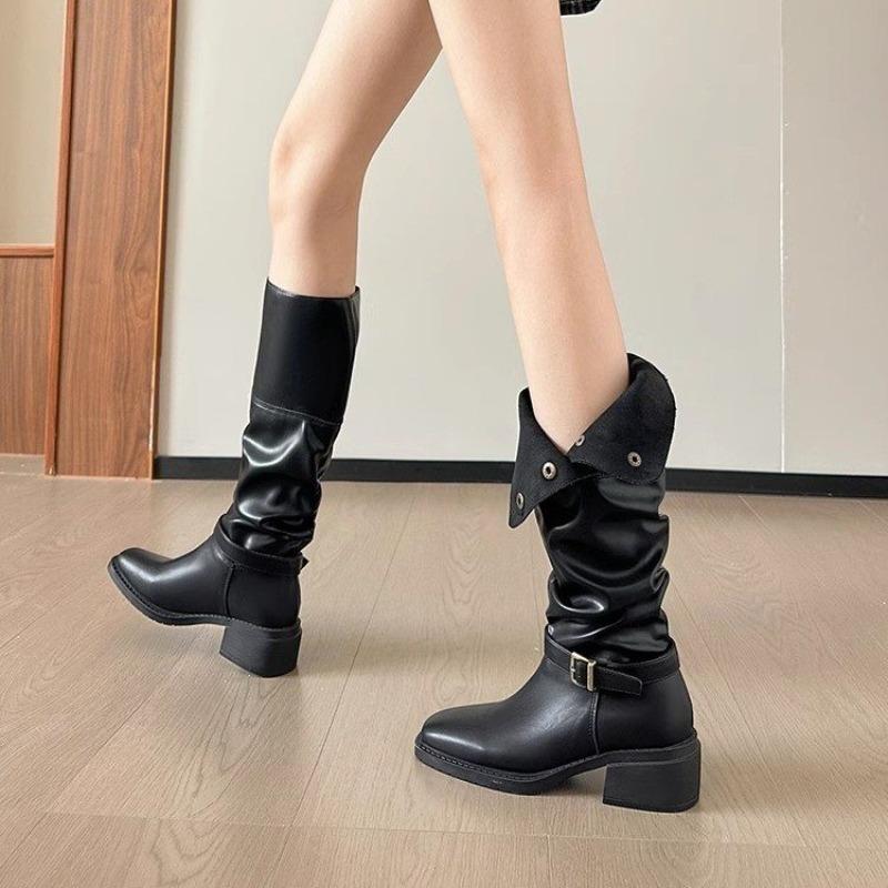New Style Pleated Buckle Knight Boots for Women Autumn Brown Leather Mid Calf Boots Woman Slip-On Thick Heels Fashionable Boots