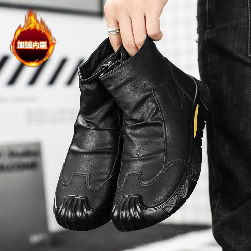 New Velvet Black Martin Boots Warm Boots Autumn and Winter Fashion Non-slip Versatile Men's Shoes Comfortable Leather Boots