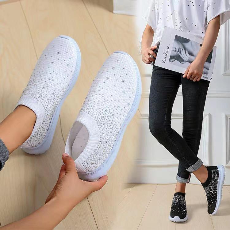2022 Plus Size Rhinestone Slip-On Fly-Knit Mesh Women's Casual Shoes
