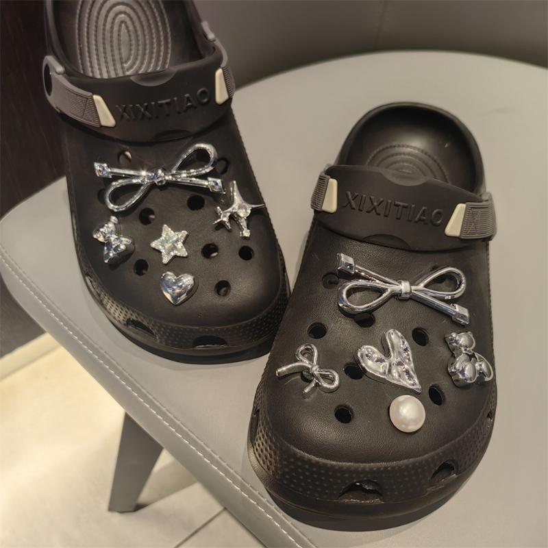 1 Set Black White Dot Shoe Charms Set Diy Bow Star Pearl Shoe Decorations Silver Advanced Detachable Buckle Shoes Accessories