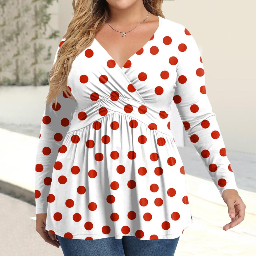 Women's Plus Size Shirt Long Sleeve  Print Top Pleated Casual V-Neck Top