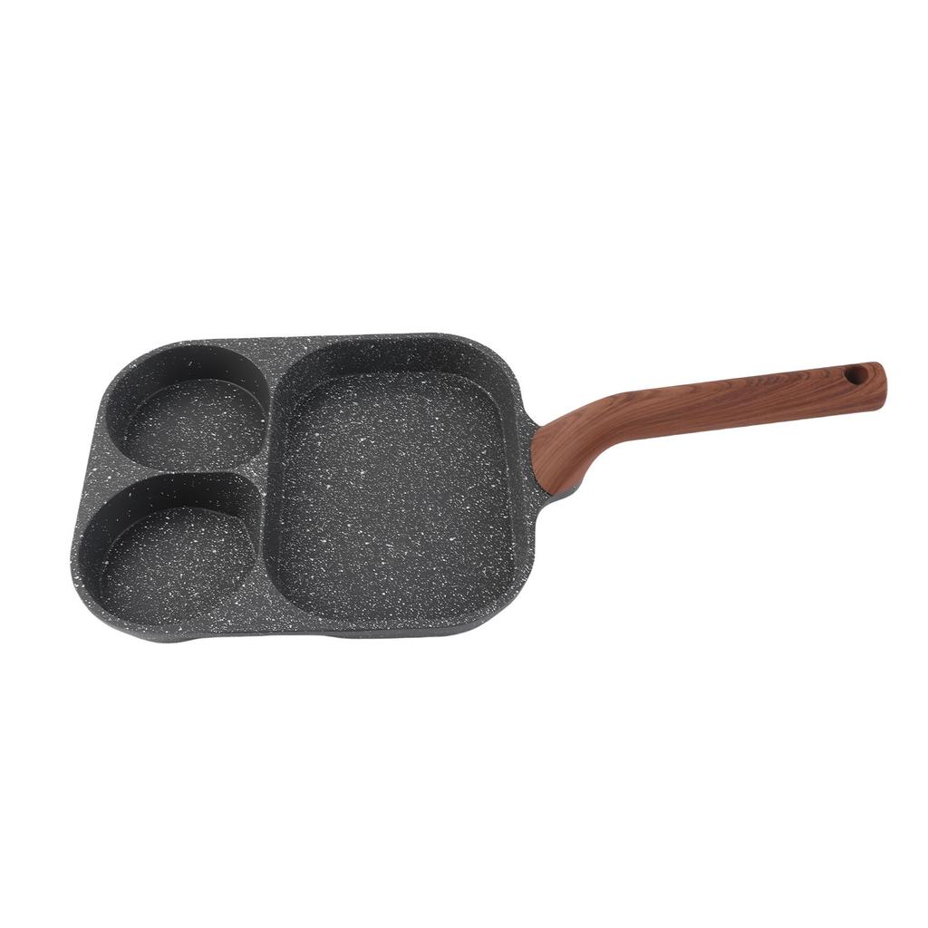 Egg Frying Pan 3 Section Stick Proof Flat Bottom Breakfast Cooking Pan with Heat Resistant Handle for Steak Omelette Black