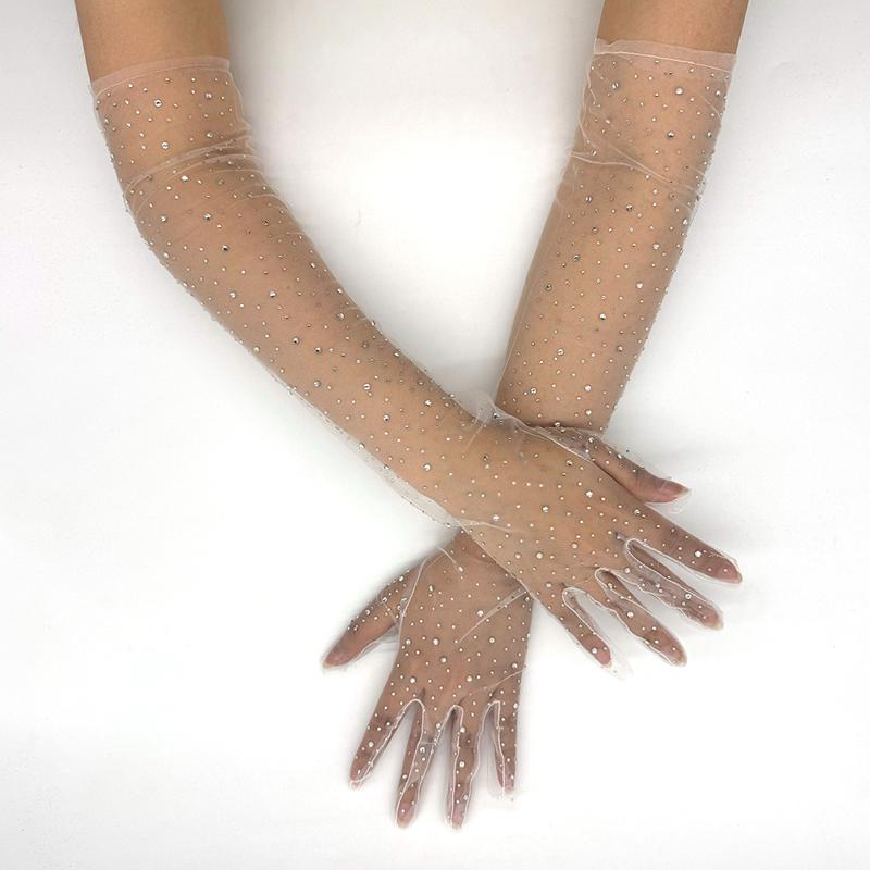 

Летние сетчатые кружевные перчатки со стразами, длинные эластичные дышащие сексуальные тюлевые перчатки с закрытыми пальцами, аксессуары для невест, свадебной вечеринки