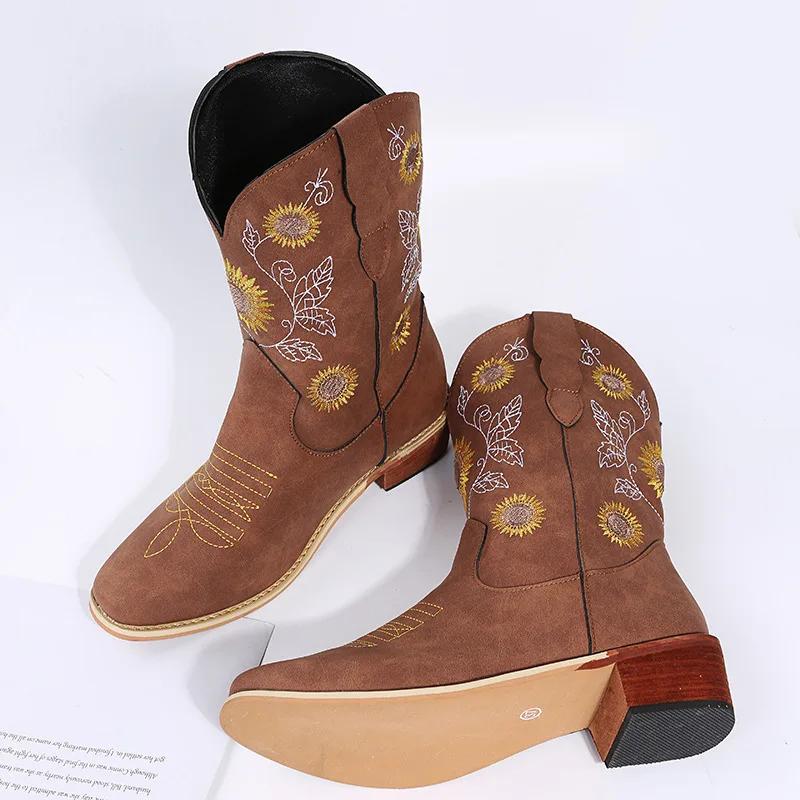 Fashion 2025 Autumn New Women Shoes Fashion Embroidery Flower Pointed Toe Mid Calf Boots Chunky Heels Western Cowboy Boots Botas Mujer