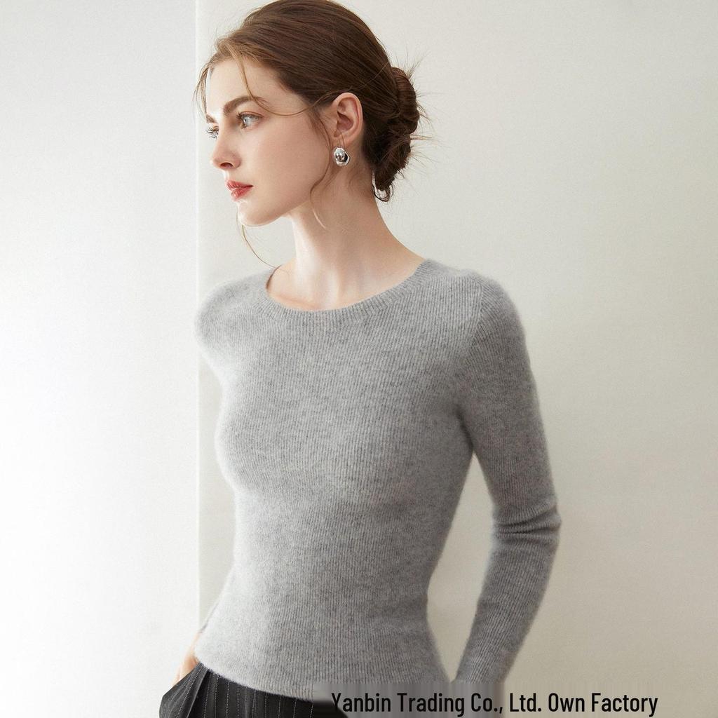 Women's Slim Fit Pure Cashmere Ribbed Sweater - Flattering Versatile Warm Round Neck Knitwear with Long Sleeves