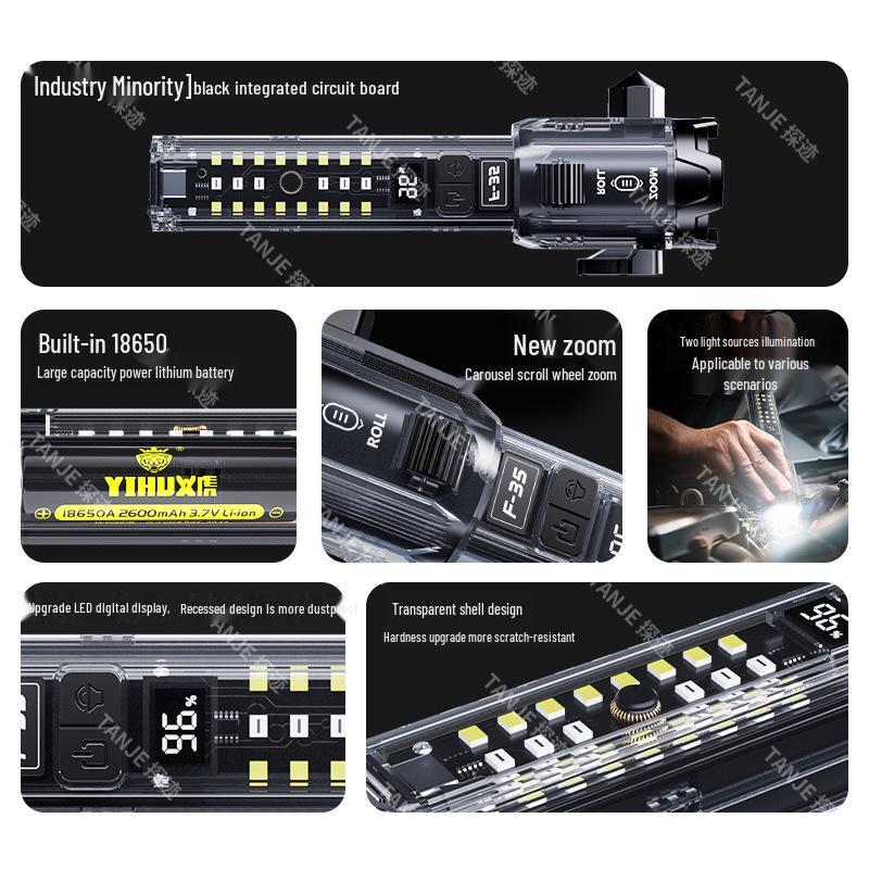 Portable High-Brightness Roller Zoom Hammer with Built-in Speaker Flashlight and Cutter.