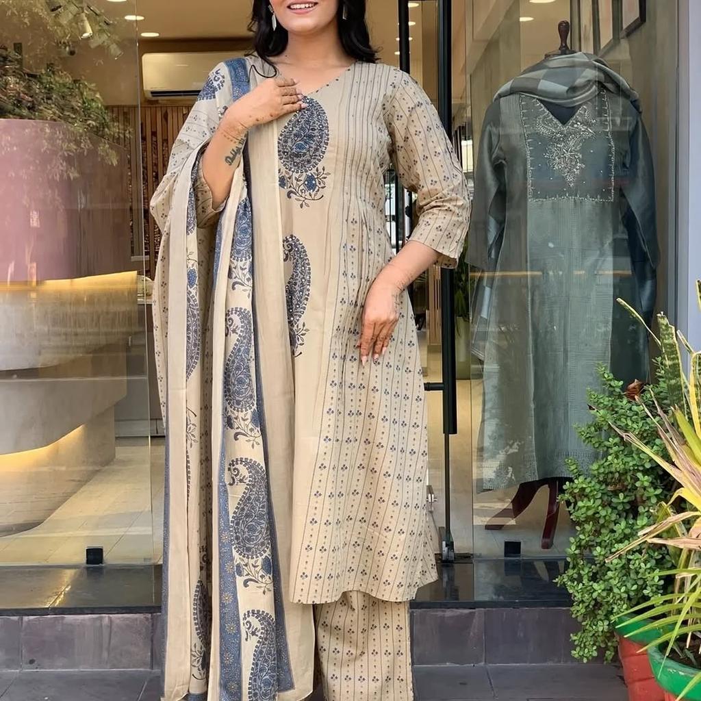 Pure Cotton Straight Kurti Pant Dupatta Set Indian Women Casual Wear Kurta Set